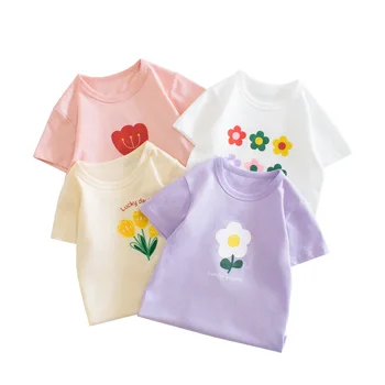 Çocuk Kız %100 % Pamuklu Giysiler 2023 Yaz T Shirt Çocuk Kısa Kollu Üst Genç Kız Salonu Çiçek Baskı Tişörtleri