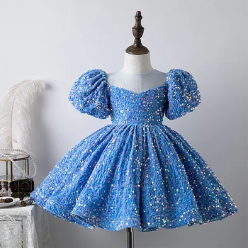 Çocuk Prenses Elbise Düğün ve Doğum Günü için 1 İla 12 Yaşındaki Kabarık Pullu Puf Kollu Elbise Çiçek Kız Zarif Podyum