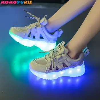 Örgü nefes alan günlük ayakkabılar kaymaz Taban Aydınlık Sneakers Kız Erkek Çocuklar için Led Sneakers USB Şarj Çocuk LED Ayakkabı